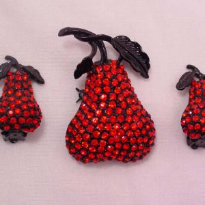 Black and Red Rhinestone Pear Pin and Earrings Set