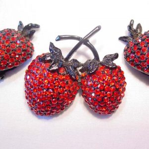 Vibrant Red and Black Strawberry Pin and Earrings Set