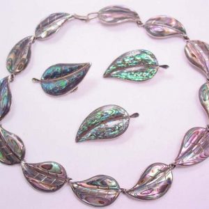 Taxco Sterling and Abalone Leaf Necklace and 3 Pins Set