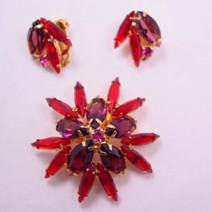 Vibrant Purple and Red Rhinestone Pin and Earrings Set