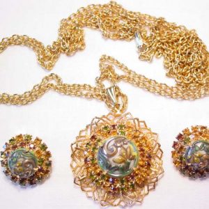 D&E Topaz and Green Pressed Floral Art Glass Necklace and Earrings Set