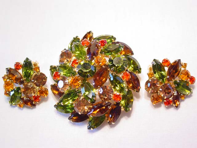 Olive and Brown Chunky Rhinestone Pin and Earrings Set