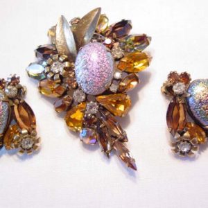 Delizza and Elster Art Glass and Topaz Rhinestone Pin and Ea