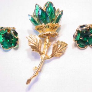3-Dimensional Forest Green Rhinestone Flower Pin and Earring