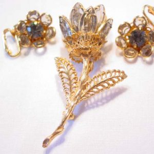 3-Dimensional Gray Rhinestone Flower Pin and Earrings Set