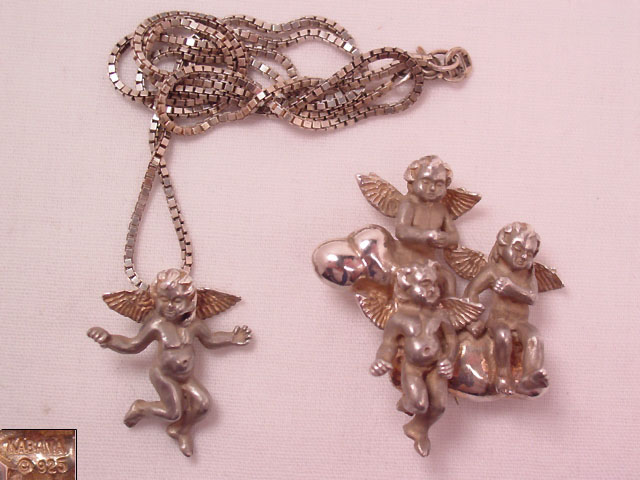 Kabana Sterling Angels on Cloud Pin and Necklace