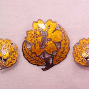 Sterling Siamese Gold-Colored Enamel Flower Pin and Earrings Set