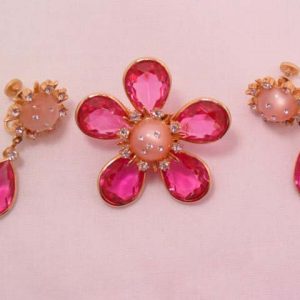 Bright Pink Flower Pin and Earrings