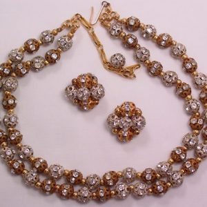West Germany Silver and Gold and Rhinestone Pierced Bead Necklace