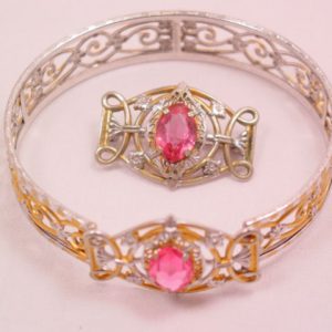 Beautiful Old Filigree and Pink Rhinestone Bracelet and Pin Set