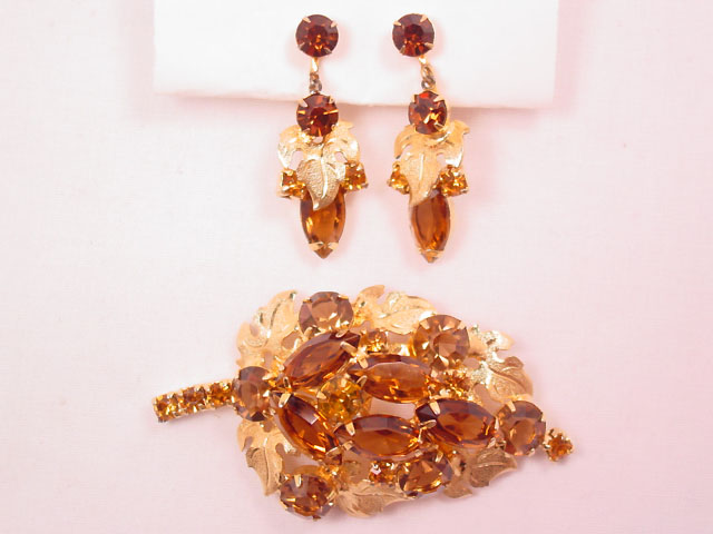 Topaz and Brown Rhinestone Leaf Pin and Earrings Set