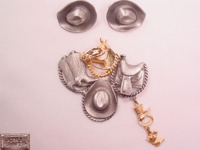 Ultra Craft Silvertone and Goldtone Western Theme Pin and Earrings Set