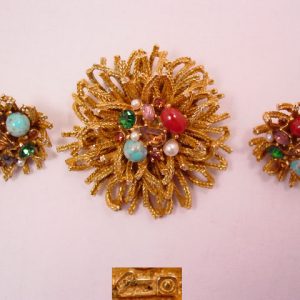Capri Goldtone Spray with Nest of Stones Pin and Earrings Set