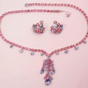 Pink and Blue Rhinestone Necklace and Earrings Set
