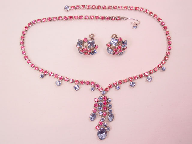 Pink and Blue Rhinestone Necklace and Earrings Set