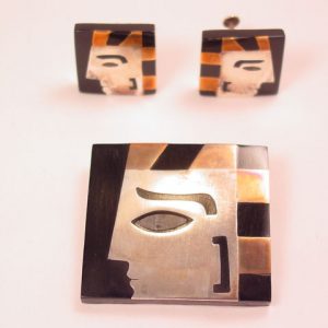HAB Mexican Sterling Geometric Face Pin and Earrings Set