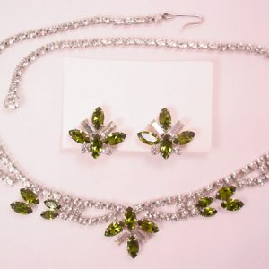 Beautiful B.  David Clear and Olive Rhinestone Necklace and Earrings Set in Original Box