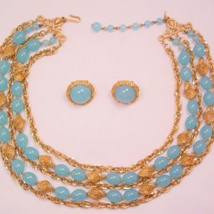 Baby Blue and Goldtone Trifari Necklace and Earrings Set