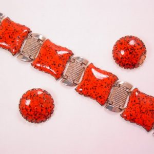 Heavy Red and Black Speckled Enamel on Copper Bracelet and Earrings Set