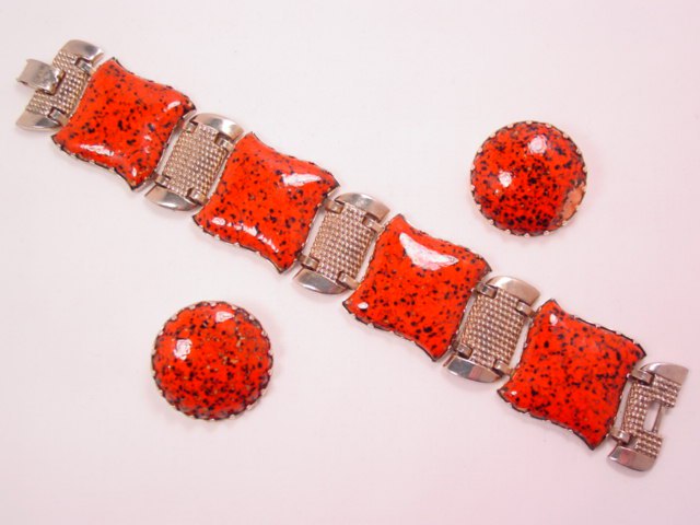 Heavy Red and Black Speckled Enamel on Copper Bracelet and Earrings Set