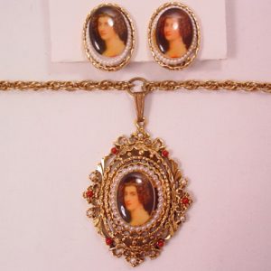 Porcelain Portrait Necklace and Earrings Set by Art