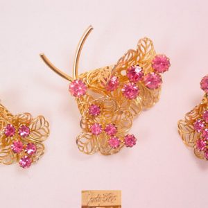 Pink Rhinestone and Filigree Judy Lee Pin and Earrings Set