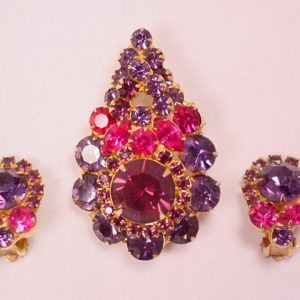 Purple and Fuschia Teardrop-Shaped Pin/Pendant and Earrings Set