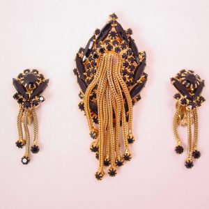 Black and Gold Cascade Pin and Earrings Set