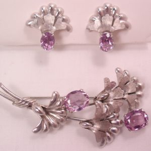 Beautiful Carl Art Sterling and Purple Chrysanthemum Pin and Earrings