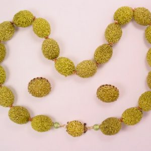 West German Olive Green Lumpy Bead Necklace and Earrings