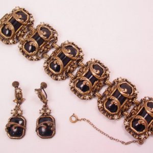 Antique Goldtone and Black Plastic Bracelet and Earrings Set