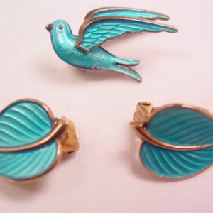 Norway Sterling Blue-Enamelled Bird and Leaves Pin and Earrings Set