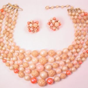 Coral and Beige Plastic Necklace and Earrings Set
