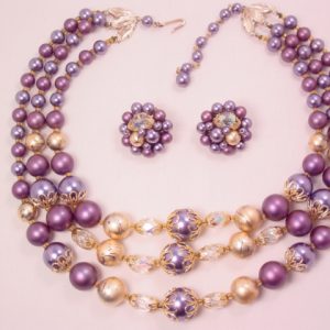 3-Strand Beautiful Shades of Purple with Aurora Borealis Crystals Necklace and Earrings