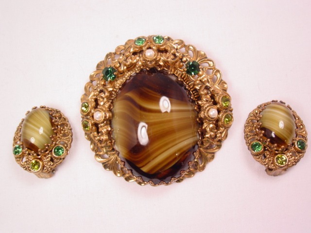 Brown and Caramel West German Pin and Earrings Set