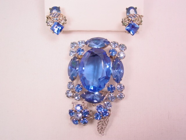 Light Blue Square Rhinestone and Filigree Leaf Pin and Earrings Set