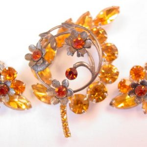 Topaz-Colored Floral Leaf Pin and Earrings Set
