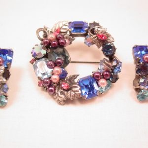 Austrian Blue and Pink Wreath Pin and Earrings Set