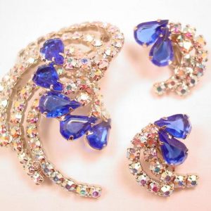 Cobalt Blue and Aurora Borealis Swirl Pin and Earrings Set