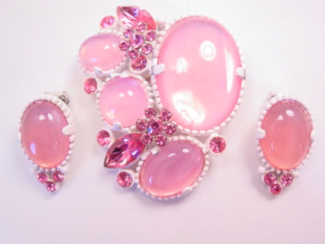 Pink Rhinestone and White Japanned Pin and Earrings Set