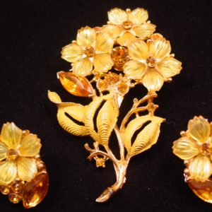 Yellow Plastic Flower Bouquet Pin and Earrings Set