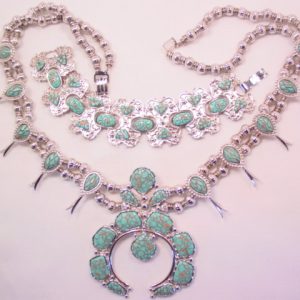 Huge Imitation Turquoise Squash Blossom Necklace and Bracelet