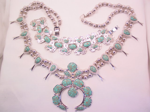 Huge Imitation Turquoise Squash Blossom Necklace and Bracelet