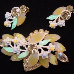 Pale Lemon Rhinestone Pin and Earrings Set