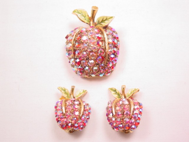 Aurora Borealis Apples Pin and Earrings Set by Art