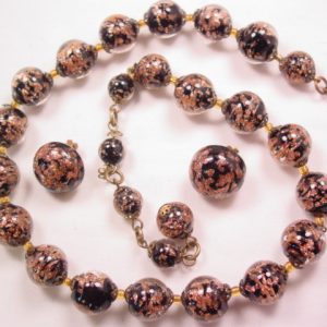 Black and Gold Murano Glass Necklace and Earrings Set