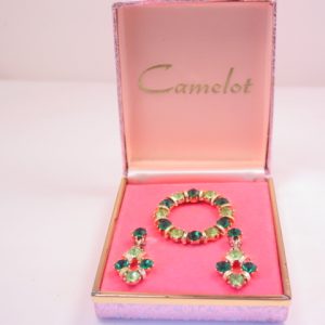 Lime Green and Green Rhinestone Camelot Circle Pin and Earrings Set