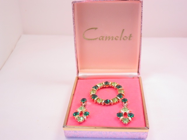Lime Green and Green Rhinestone Camelot Circle Pin and Earrings Set