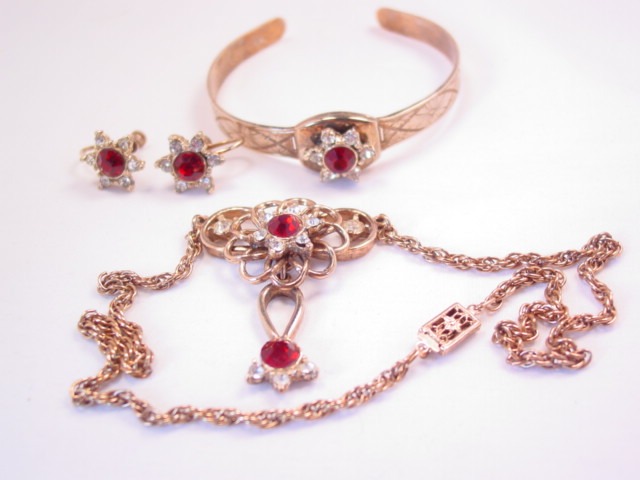 Old Red and Clear Rhinestone Parure Set