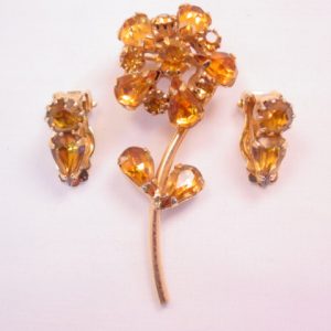Nice Topaz-Colored Rhinestone Flower Pin and Earrings Set